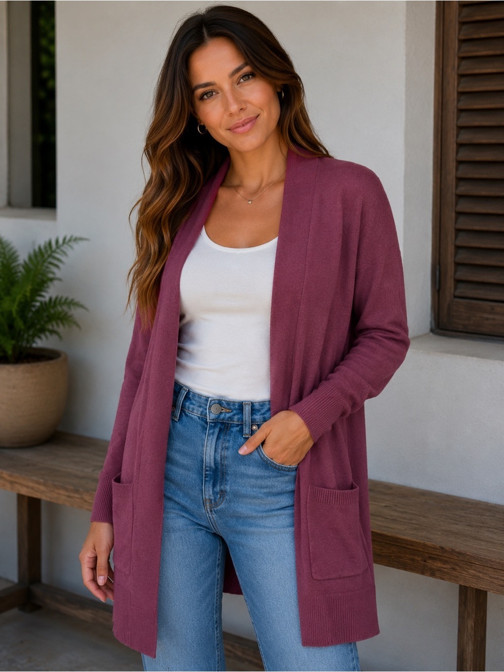 Pink Clover Open-Front Plum Cardigan with Patch Pockets